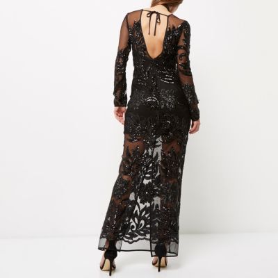 Black embellished mesh maxi dress